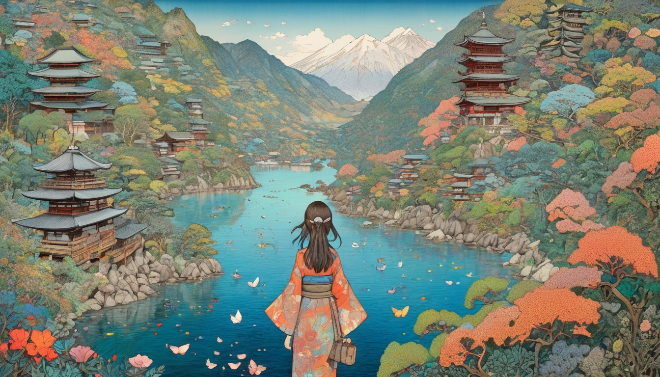 One girl, Japan, They are, (art:Hiroshi Yoshida )   Super detailed, beautifully、aesthetic, 
masterpiece, Highest quality, Realistic, zenTangle, Mandala, Tangle, enTangle, フラクタルart, Very detailed, Dynamic Angle, The most beautiful form of chaos, elegant, Brutalist design, Vibrant colors, Romanticism, silk,