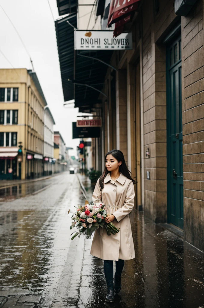 Girl holding a bouquet of flowers on an empty street on a rainy afternoon