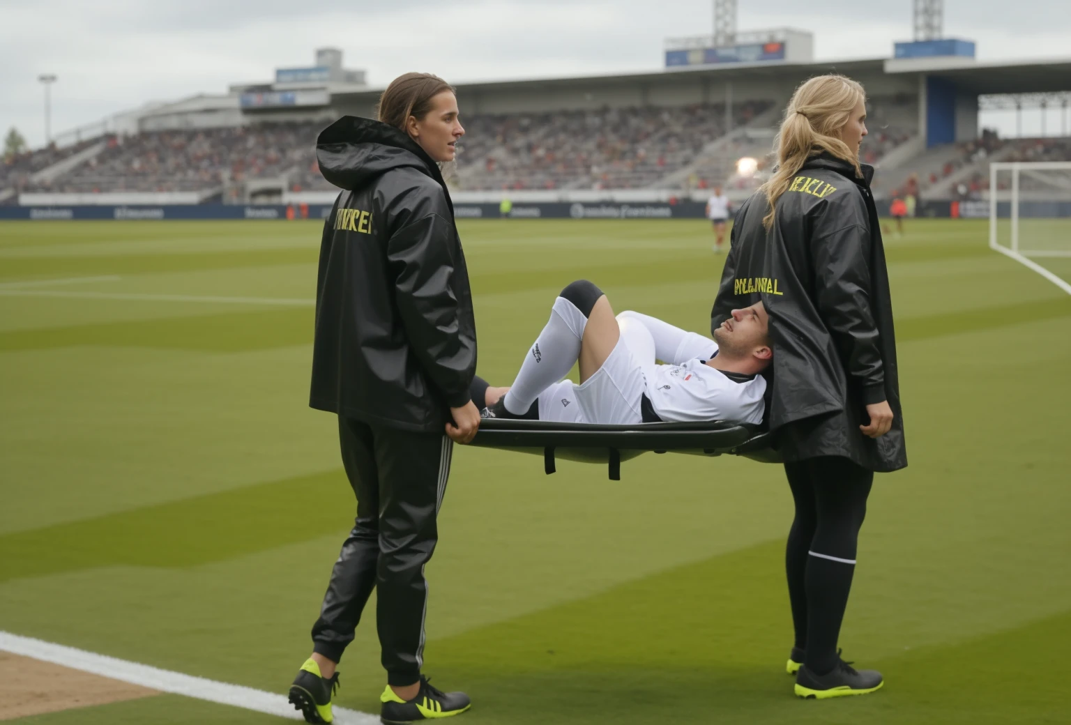 There are two madeup women I shiny and wetlook outfits carrying a stretcher on a sports ground, there is a slightly bearded and attractive young male sportsman lying injured on a stretcher with a very painful expression, there is a sportsman lying on his back on a stretcher and covers his painful looking face with his hands, there are women in wetlook laquered outerwear carrying a man on a stretcher in a sports stadium, there is a man on a stretcher being carried by two very madeup women, there is a bearded soccer-player lying on a stretcher, there is a soccer-player on a stretcher with his hands over his face, a soccer-player is lying on a stretcher and has put his hands over his face, soccer, football