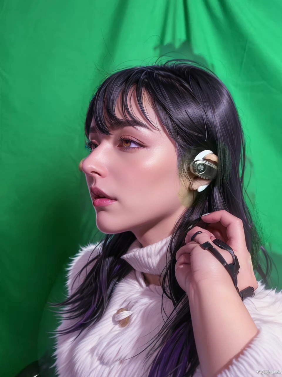 (Ultra-detailed face, looking away), (Fantasy Illustration with Gothic & Ukiyo-e & Comic Art), (Full body, A middle-aged dark elf woman with silver hair, blunt bangs, very long disheveled hair, and dark purple skin, lavender eyes), (She is wearing a long black trench coat and black boots. The trench coat is double-breasted, belted, with chin warmers, gun patch, and epaulettes), (With a steely face and heavy breathing, she leaps over the steep rocky cliffs of blizzard-blowing snowy mountains with great action and daring poses), BREAK (Below her we see snow-covered mountains, strong winds, and falling snow)