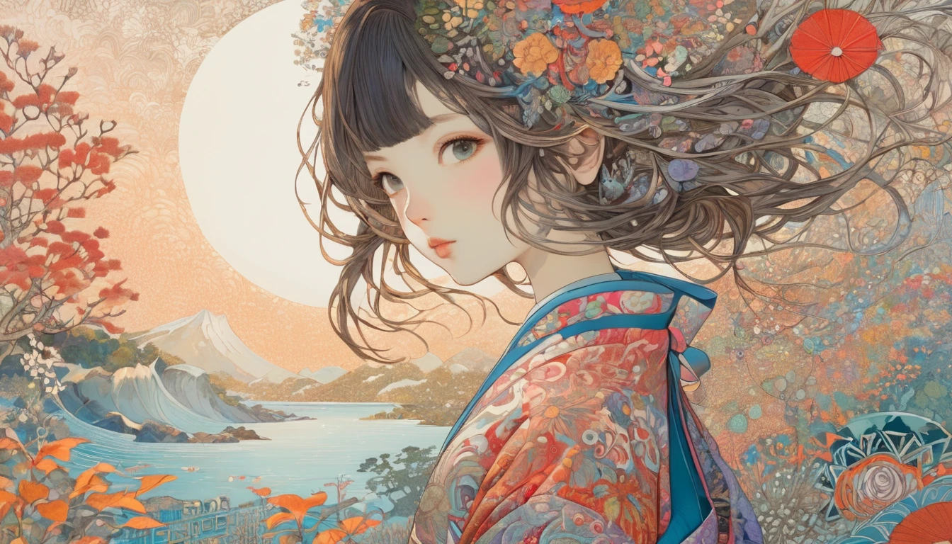 One girl, Japan, They are, (art:Hiroshi Yoshida ) Super detailed, beautifully、aesthetic,
masterpiece, Highest quality, Realistic, zenTangle, Mandala, Tangle, enTangle, フラクタルart, Very detailed, Dynamic Angle, The most beautiful form of chaos, elegant, Brutalist design, Vibrant colors, Romanticism, silk,