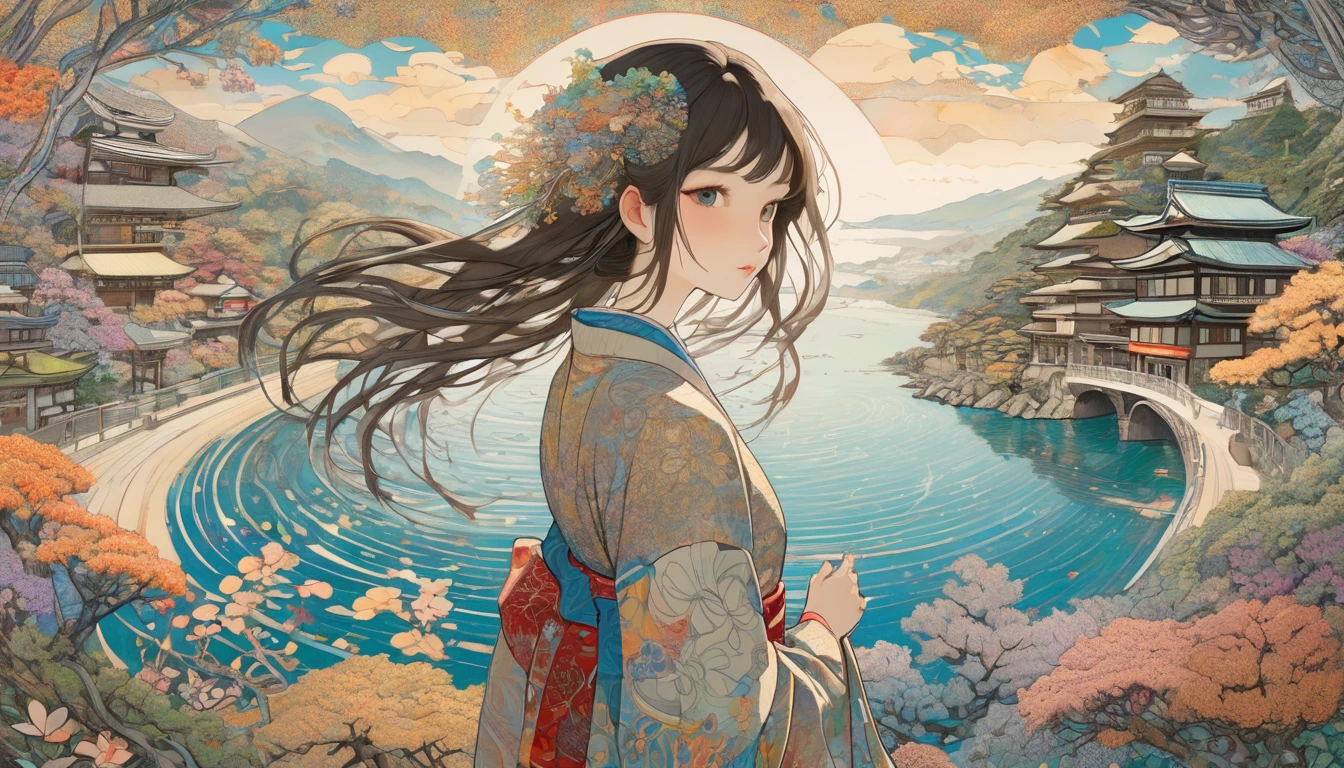 One girl, Japan, They are, (art:Hiroshi Yoshida ) Super detailed, beautifully、aesthetic,
masterpiece, Highest quality, Realistic, zenTangle, Mandala, Tangle, enTangle, フラクタルart, Very detailed, Dynamic Angle, The most beautiful form of chaos, elegant, Brutalist design, Vibrant colors, Romanticism, silk,