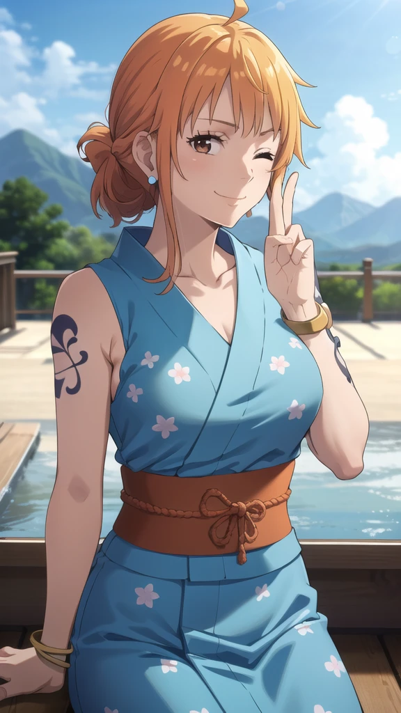 2d, masterpiece, best quality, anime, highly detailed face, highly detailed background, perfect lighting, wano, nami, 1girl, solo, one eye closed, long hair, smile, jewelry, sash, japanese clothes, obi, orange hair, kimono, bow, light blue kimono, flower, flower print, earrings, looking at viewer, sleeveless kimono, ahoge, ribbon, hair bow, sky, day, bracelet, sleeveless, ;\), blue bow, outdoors, breasts, cloud, closed mouth, ponytail, blue sky, brown eyes, orange eyes, left shoulder tattoo, bare shoulders, very long hair, sidelocks, bangs, collarbone, upper body, left arm tattoo, bare arms, official alternate costume, blurry, hand gesture, alternate costume, medium breasts, blurry background, large breasts, eyelashes, mountain, parody, cloudy sky, sitting, shiny hair, bangle, wavy hair, 