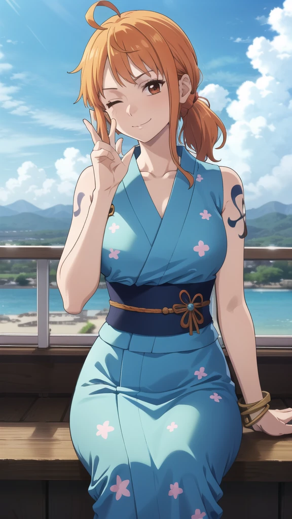 2d, masterpiece, best quality, anime, highly detailed face, highly detailed background, perfect lighting, wano, nami, 1girl, solo, one eye closed, long hair, smile, jewelry, sash, japanese clothes, obi, orange hair, kimono, bow, light blue kimono, flower, flower print, earrings, looking at viewer, sleeveless kimono, ahoge, ribbon, hair bow, sky, day, bracelet, sleeveless, ;\), blue bow, outdoors, breasts, cloud, closed mouth, ponytail, blue sky, brown eyes, orange eyes, left shoulder tattoo, bare shoulders, very long hair, sidelocks, bangs, collarbone, upper body, left arm tattoo, bare arms, official alternate costume, blurry, hand gesture, alternate costume, medium breasts, blurry background, large breasts, eyelashes, mountain, parody, cloudy sky, sitting, shiny hair, bangle, wavy hair, 