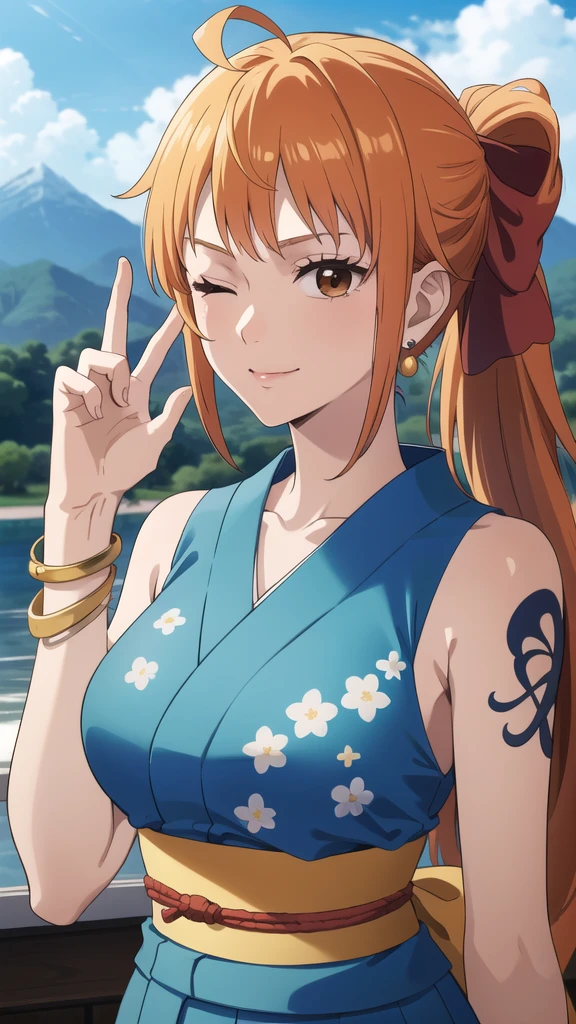 2d, masterpiece, best quality, anime, highly detailed face, highly detailed background, perfect lighting, wano, nami, 1girl, solo, one eye closed, long hair, smile, jewelry, sash, japanese clothes, obi, orange hair, kimono, bow, light blue kimono, flower, flower print, earrings, looking at viewer, sleeveless kimono, ahoge, ribbon, hair bow, sky, day, bracelet, sleeveless, ;\), blue bow, outdoors, breasts, cloud, closed mouth, ponytail, blue sky, brown eyes, orange eyes, left shoulder tattoo, bare shoulders, very long hair, sidelocks, bangs, collarbone, upper body, left arm tattoo, bare arms, official alternate costume, blurry, hand gesture, alternate costume, medium breasts, blurry background, large breasts, eyelashes, mountain, parody, cloudy sky, sitting, shiny hair, bangle, wavy hair, 