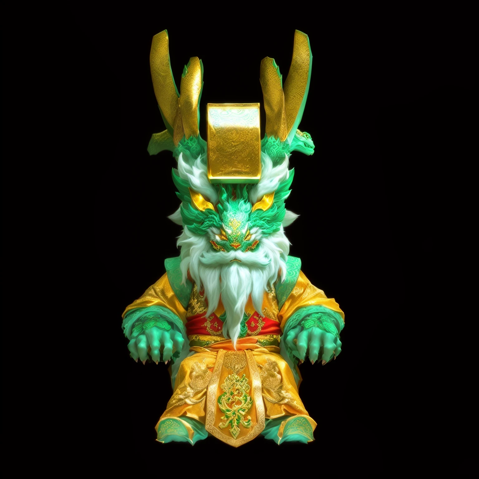 There is a green dragon,A gold crown is worn on his head, Japanese mascot 3D model, guan yu, Ashura,From Chinese mythology, Inspired by Hu Zaobin, Golden green creature, Temple of the Mantis Head Monster, God of Wealth, Onmyoji, 3D toys Aztec gods as funco toys, chi-gong, Onmyoji portrait