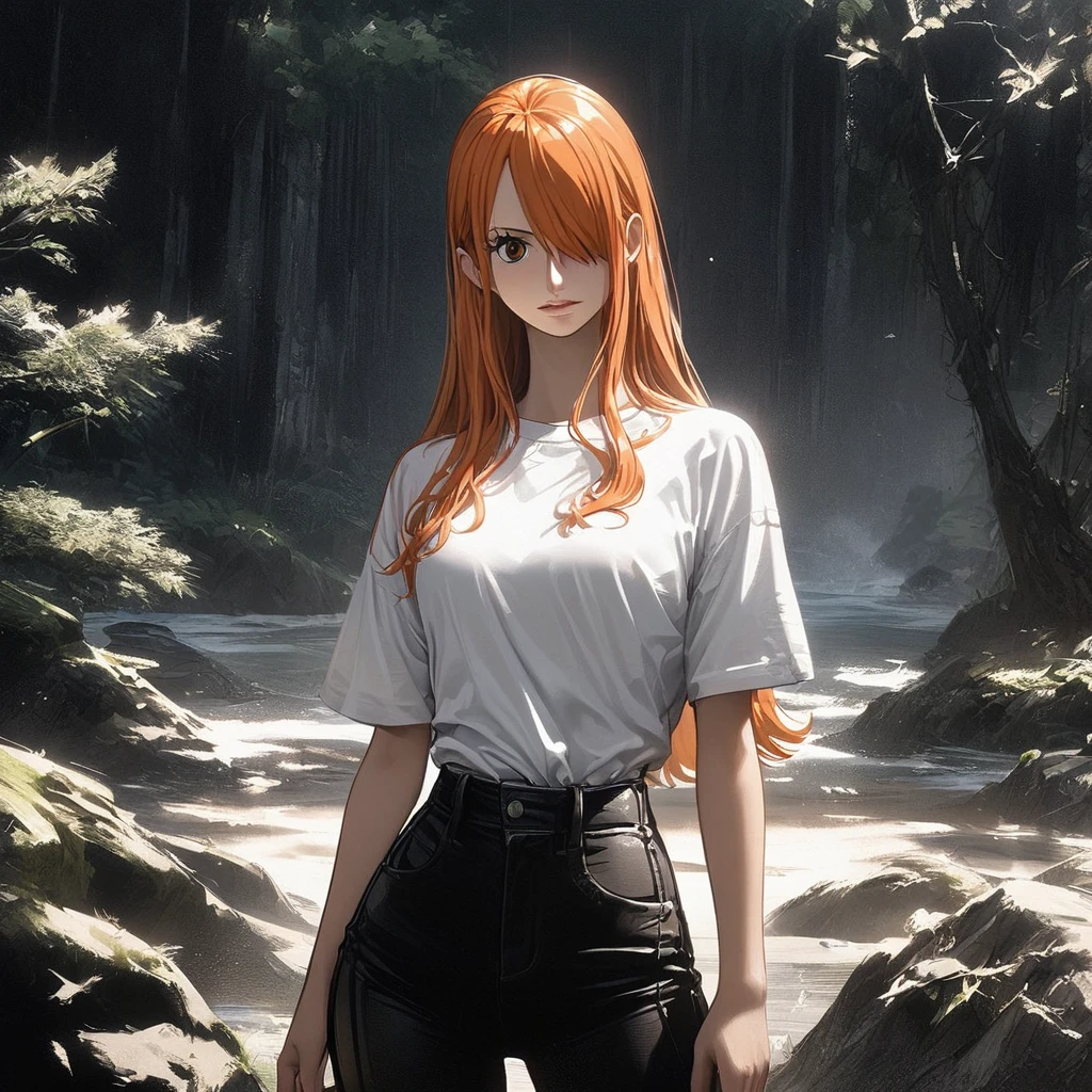 masterpiece, best quality), intricate details, 1 girl, woman, orange hair, nami \ (one piece\), (long hair), shirt, ((white shirt, black pant, black court)) female focus, nature, scenery, upper body, ((front view)) ((close up shot)) ((solo)) ((hair over one eyes)) detailed, very high resolution, no blurry image, full body, orange eyes, sligh wavy hair, ((nami from one piece)) ((female nami from one piece)), (((straight hair)) ((front view))