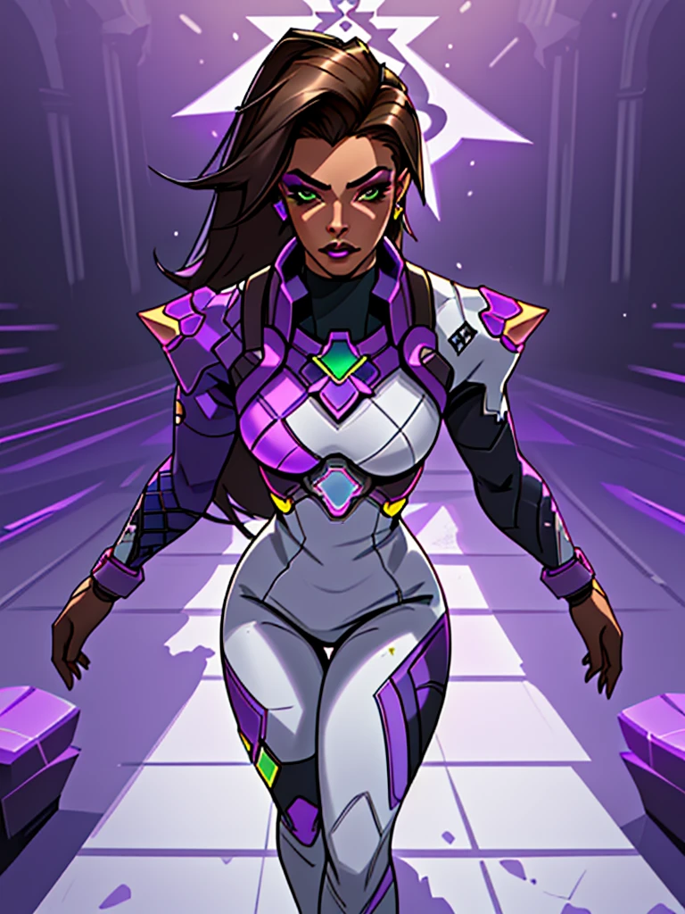 a beautiful detailed female character,overwatch sombra ,dark purple tones,brunette,beautiful detailed makeup,elegant dress,futuristic technology,futuristic church interior,masterpiece,photorealistic,high resolution,8k,best quality,cinematic lighting,dramatic shadows,intricate details,vibrant colors,concept art style 