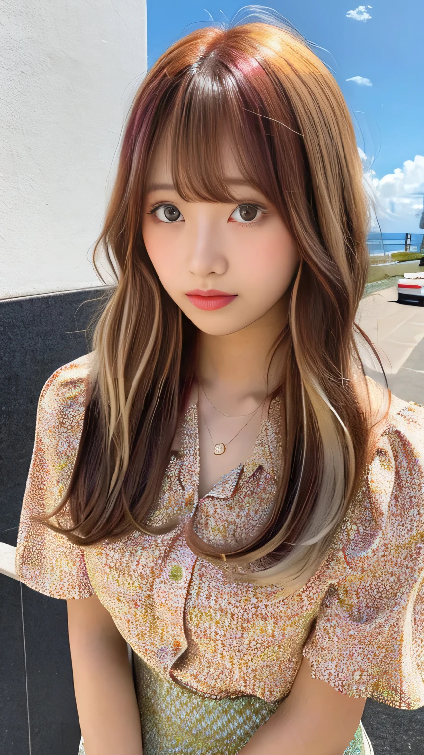Sunburn marks on tanned skin、Multicolored hair color、Bangs on the face、Bangs between the eyes、A strong wind blows my hair in front of my face、Beautiful big sparkling eyes, Cute eyes hidden by long bangs、Yawn、No visible nasolabial folds、Short micro mini skirt、Multicolored patterned blouse、18 year old Korean beauty、Blonde Short Hair