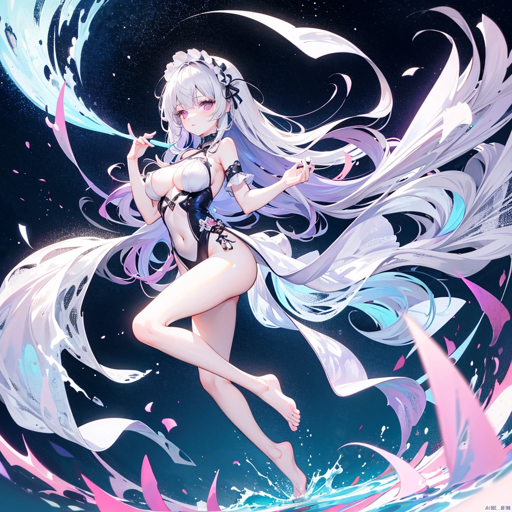 Lilac gradient hair,Asymmetrical hair,((Hair is very thick 1.8,Hair is well-defined1.6)), Hair over the shoulder, messy hair, Very long hair, shinny hair,(Long gray hair:1.2),A beautyful girl,(Luxurious Platinum Mini ta,Made of transparent material),(Transparent clothes transparent 1.8),perfect body figure,high and high,slenderness,(looking sad,Haggard complexion、pale nipples ,grieves,close your mouth:1.2) Against the backdrop of an unusually bright dark starry sky,(Place your hands behind your back),(Round, medium large, firm breast),The barefoot,afloat,waterface,(long leges,long leges,long leges,Perfect leg shape),fully body photo。