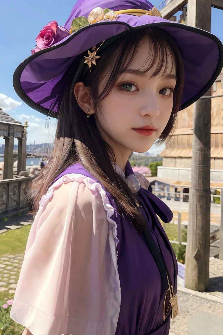 a beautiful girl, perfect face, arms at sides, masterpiece, ultra high res, high quality, 4k, upper body:1.5,  lisa (genshin impact), urple witch hat, green eyes, brown hair, (PureErosFace_V1:0.008), (european:1.6), bangs, dress, rose, jewelry, witch, capelet, purple headwear, black gloves, purple flower, hair between eyes, purple rose, parted lips, purple capelet, hat flower, multicolored dress, hair ornament,  windmill, from side,