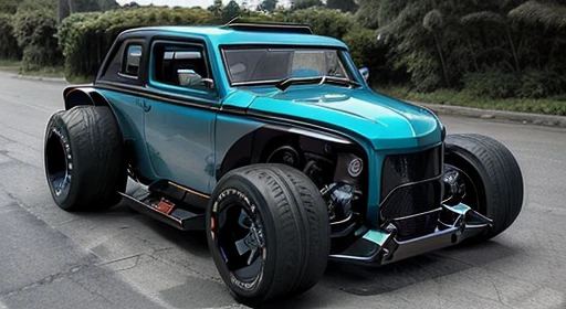 cyber punk(((Hot Rod SUV)))、(With shiny border)、Wide tires、Future City、explosion