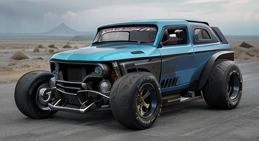 cyber punk(((Hot Rod SUV)))、(With shiny border)、Wide tires、Future City、explosion