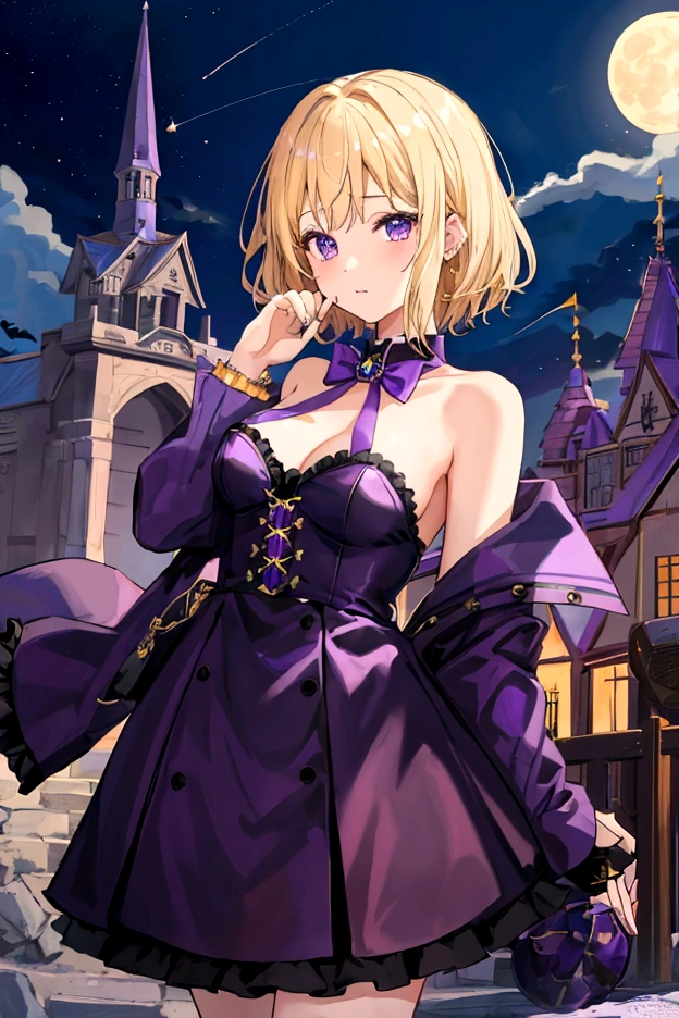 Highest quality、masterpiece、High school boys、Halloween purple image,Blonde Short Hair、full moon、Purple night sky、Boneyard