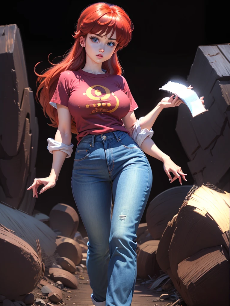 (Ranma)(1solo)(1girl)((Solo)) ((Masterpiece)) ((High Quality)) (slim thick)((Perfect Face)) ((Huge Breasts)) ((Wide Hips)) ((Narrow Waist)) ((Beautiful)) ((Redhead)) ((Long Hair)) ((Light Skin)) ((Cute Nose)) ((BLue Eyes)) ((Young)) ((Transparent Tee Shirt)) ((Jeans))(cameltoe)