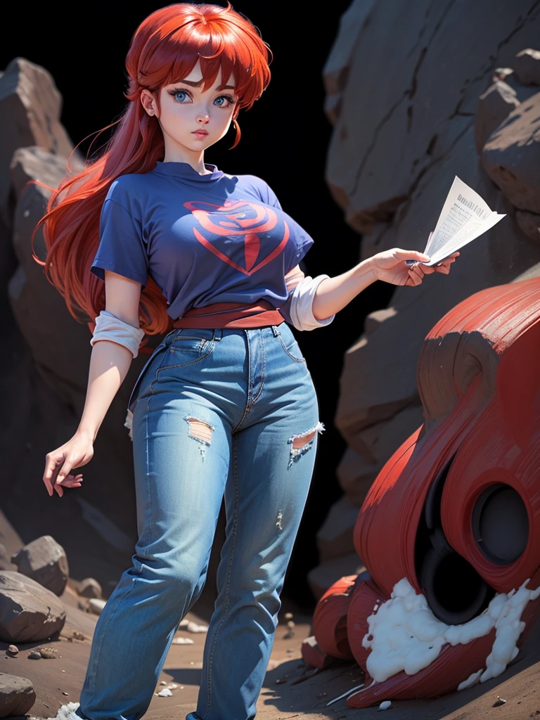 (Ranma)(1solo)(1girl)((Solo)) ((Masterpiece)) ((High Quality)) (slim thick)((Perfect Face)) ((Huge Breasts)) ((Wide Hips)) ((Narrow Waist)) ((Beautiful)) ((Redhead)) ((Long Hair)) ((Light Skin)) ((Cute Nose)) ((BLue Eyes)) ((Young)) ((Transparent Tee Shirt)) ((Jeans))(cameltoe)