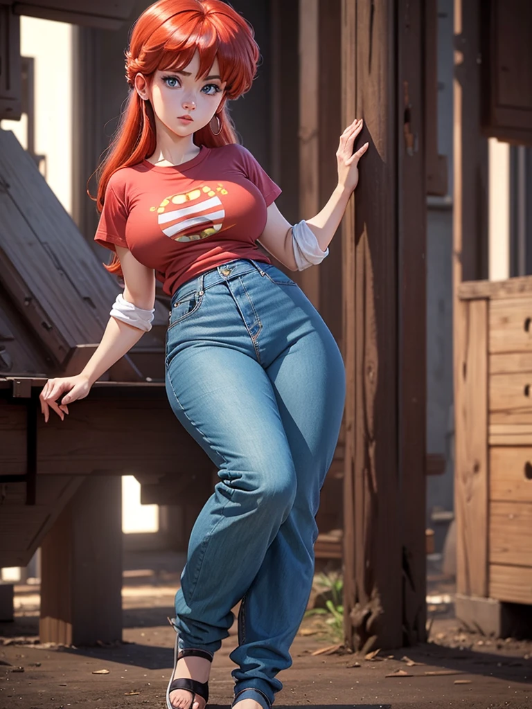 (Ranma)(1solo)(1girl)((Solo)) ((Masterpiece)) ((High Quality)) (slim thick)((Perfect Face)) ((Huge Breasts)) ((Wide Hips)) ((Narrow Waist)) ((Beautiful)) ((Redhead)) ((Long Hair)) ((Light Skin)) ((Cute Nose)) ((BLue Eyes)) ((Young)) ((Transparent Tee Shirt)) ((Jeans))(cameltoe)