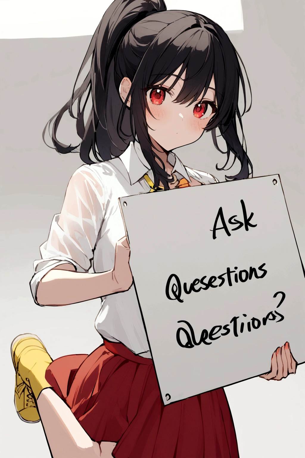 1girl, Black long hair, ponytail. Red eyes. (Sheer white shirt+redskirt), yellow shoes, holding a sign saying (("Ask Questions"))