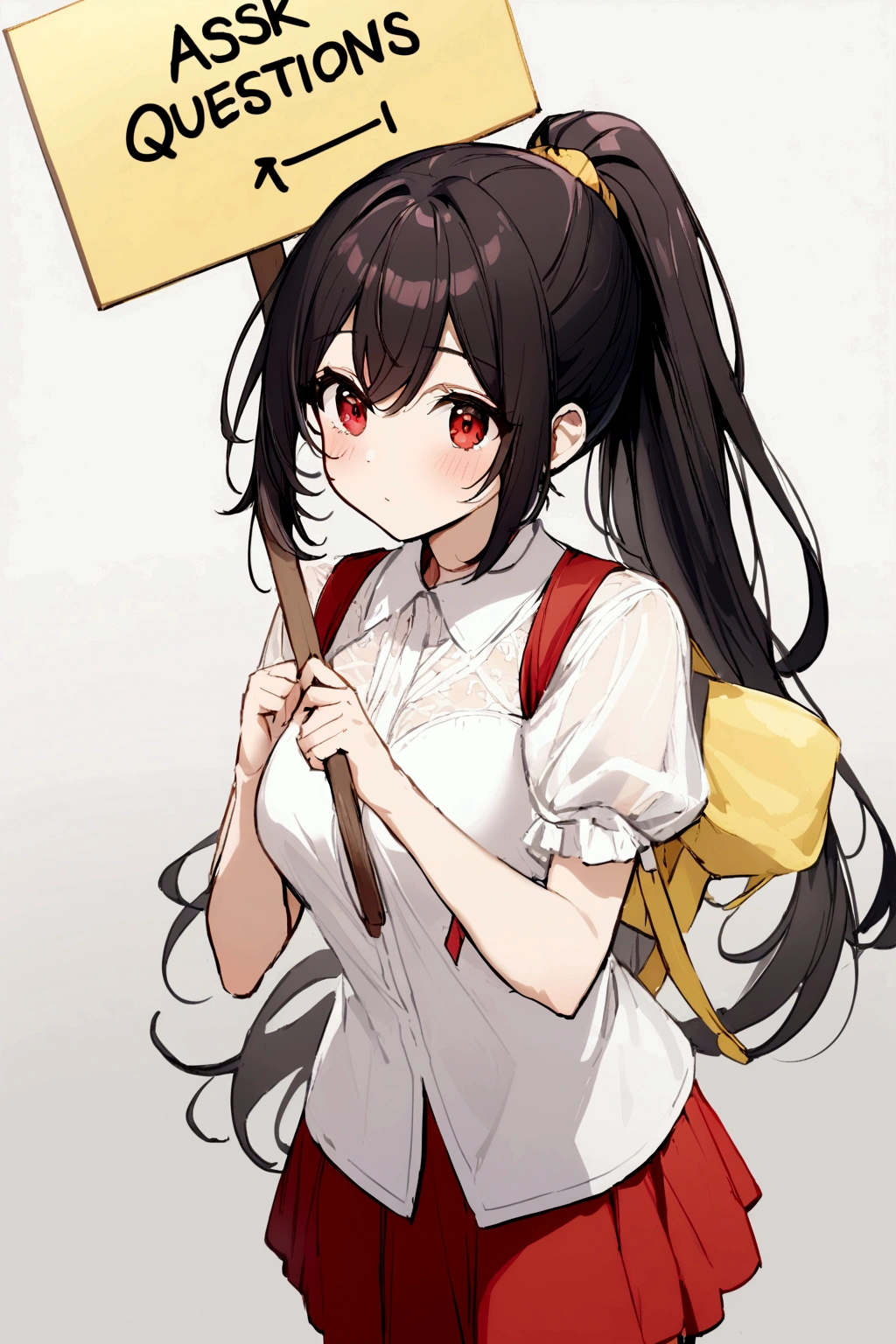 1girl,  Black long hair, ponytail. Red eyes. (Sheer white shirt+redskirt), yellow shoes, holding a sign saying (("Ask Questions"))