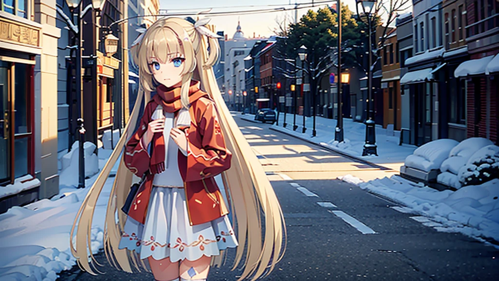 ((masterpiece)),(best quality),Official Art,Extremely detailed CG,Unity 8K wallpaper,Very detailed,Beautiful and delicate eyes,Extremely detailed face,1 girl,solitary,,(whole body:1.5),(small:1.3),，winter，Winter Sonata，Light up the lights，Wish you a Happy New Year，Spring Festival，Wear a long red scarf，Red Jacket，Walking in the street，Celebrate in a warm atmosphere