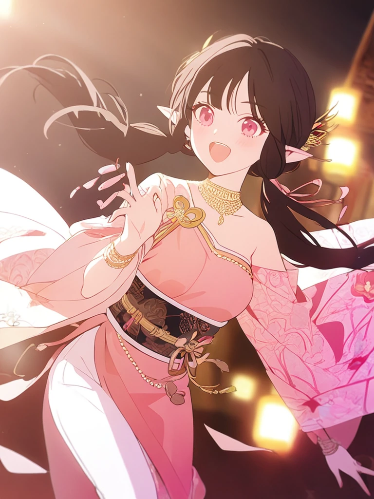 1woman, playful, elven, dark black brown hair, thick twin tail hairstyle, bangs hair, light pinkest pink eyes , joyful, elegant, traditional thai pink colourfully costume,