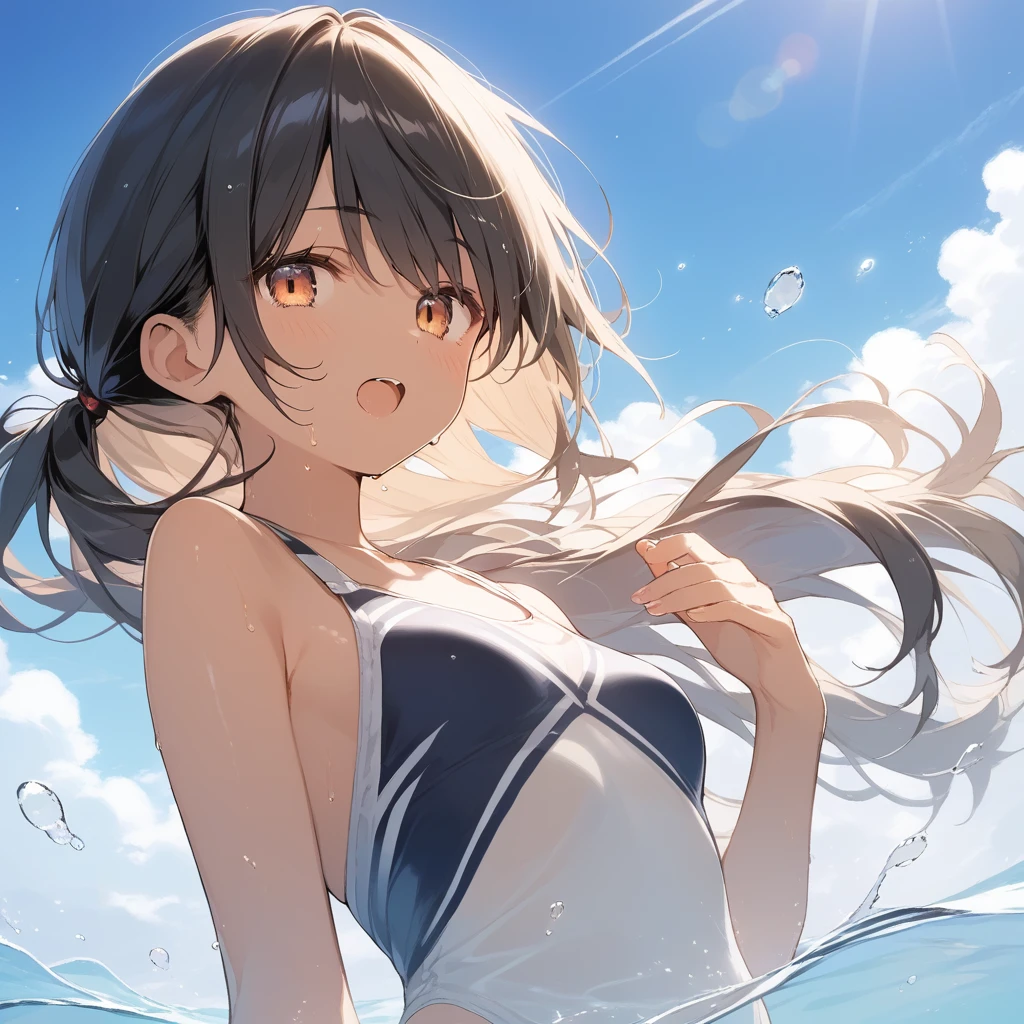 score_9, score_8_up, score_7_up, source_anime, best quality, masterpiece, official art, absurdres, highres, ultra-detailed,waifu2x,Collection: Slice of Life,break,1girl, tomboy, dark-skinned female, short hair, low ponytail, small breasts, beautiful detailed eyes, swimsuit, sweat, open mouth, (yawn:0.3), sleepily, swimming, outdoors, wind, break,(clear line illustration:1.2),very high resolution, very aesthetic, super detailed skin, Best sexual lighting powered by famous artist, 8k,cute picture,beauty illustration,photoshop_(medium),,(Detailed Lighting),best anime 8k konachan wallpaper, pixiv contest winner, 