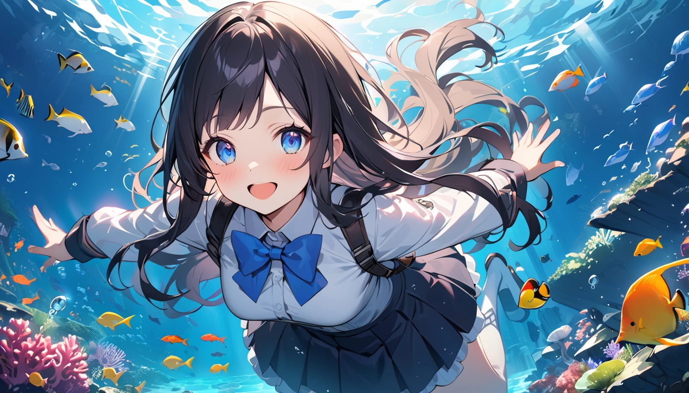 BREAK 1girl, long hair, black hair, straight hair, short bangs above brows, blue eyes, warm smile, open mouth, (leaning forward:1.2),
BREAK (masterpiece), (high resolution 8K), cinematic lighting, professional lighting, very cute, detailed eyes and face, detailed body,
BREAK , white shirt, blue bowtie, pleated skirt, lift skirt,
BREAK
(zero gravity,weightlessness,flying,floating in the air)),(arbor) ,wonderland,(tropical fish, flock of tropical fish, colorful tropical fish, underwater, in the sea,school of fish, seaweed,jellyfish,pillar of light), (large shellfish,coral reef,airbladder), (larg anchor,Deep sea background ),goddess,(large amount of fish),(garden),Visual impact,