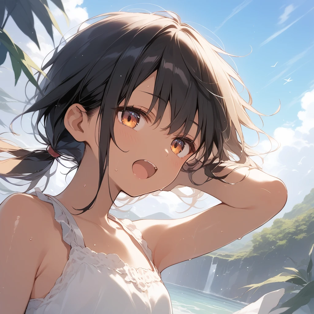 score_9, score_8_up, score_7_up, source_anime, best quality, masterpiece, official art, absurdres, highres, ultra-detailed,waifu2x,Collection: Slice of Life,break,1girl, tomboy, dark-skinned female, short hair, low ponytail, flat chest,  beautiful detailed eyes, short shorts, sweat, open mouth, (yawn:0.3), sleepily, outdoors, wind, break,(clear line illustration:1.2),very high resolution, very aesthetic, super detailed skin, Best sexual lighting powered by famous artist, 8k,cute picture,beauty illustration,photoshop_(medium),,(Detailed Lighting),best anime 8k konachan wallpaper, pixiv contest winner, 