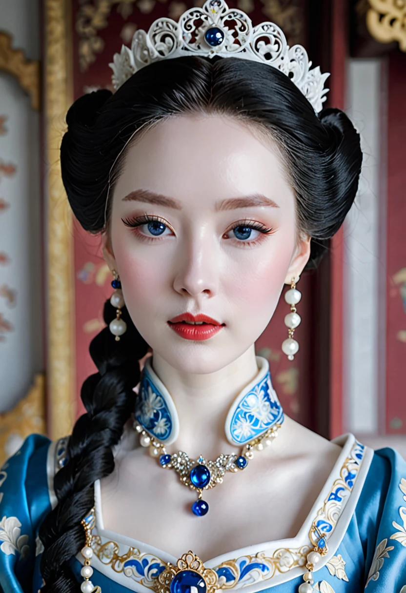 a close up of a woman wearing a blue dress and a necklace, rococo queen, pale porcelain white skin, porcelain pale skin, a beautiful fantasy empress, pale snow white skin, porcelain white skin, palace ， a girl in hanfu, ((a beautiful fantasy empress)), ball jointed doll, pale milky white porcelain skin, # rococo