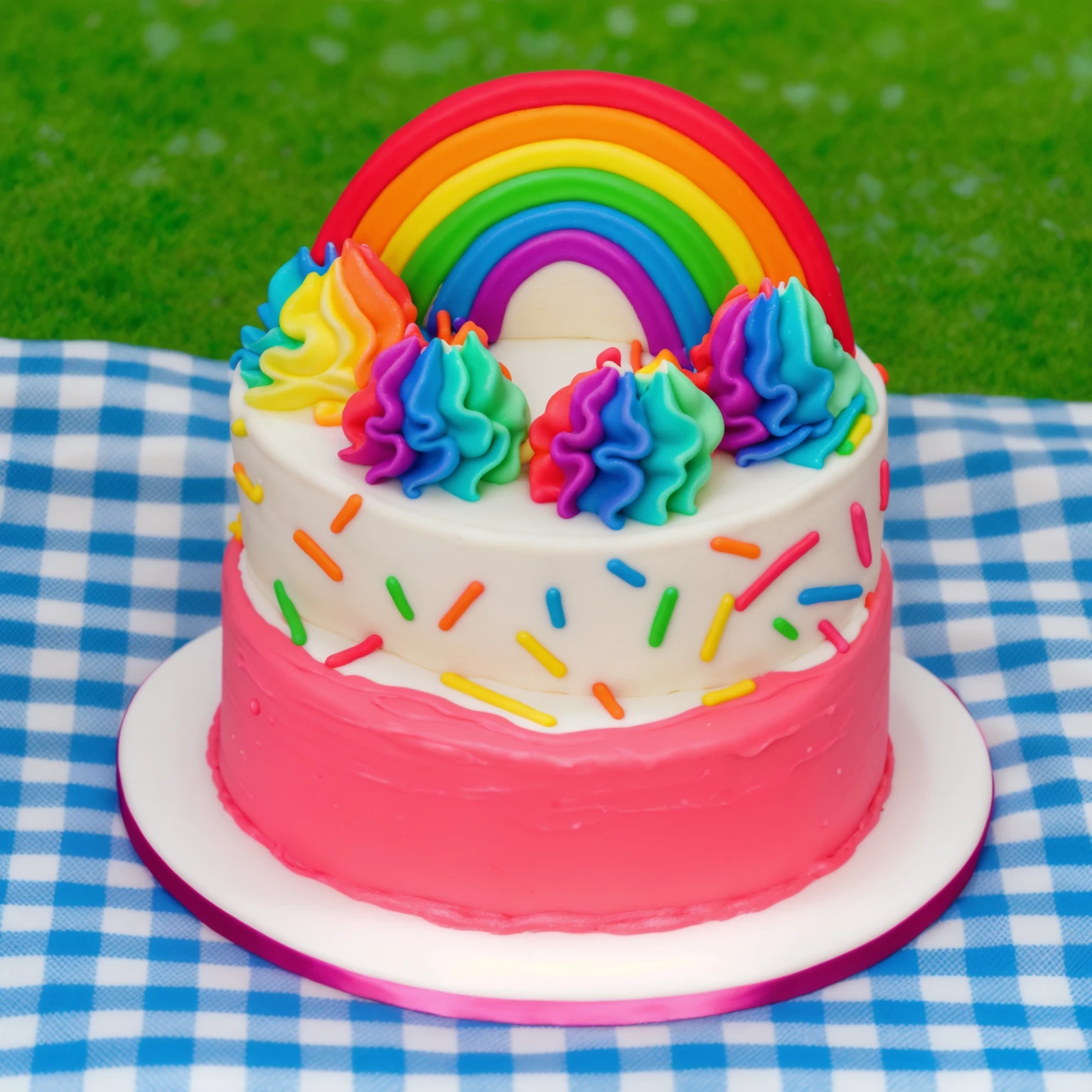 there is a white plate with cake, white and pink cream cake, Rainbow confectionery powder on the cake, top rainbow gradient cream, polymer clay rainbow, Beautiful light from the window, beautiful lighting, bright announcement, Multiple light sources, Realistic style, realistic textures, high quality, high detail, detailed texture, ultra 4k hd, macro photography