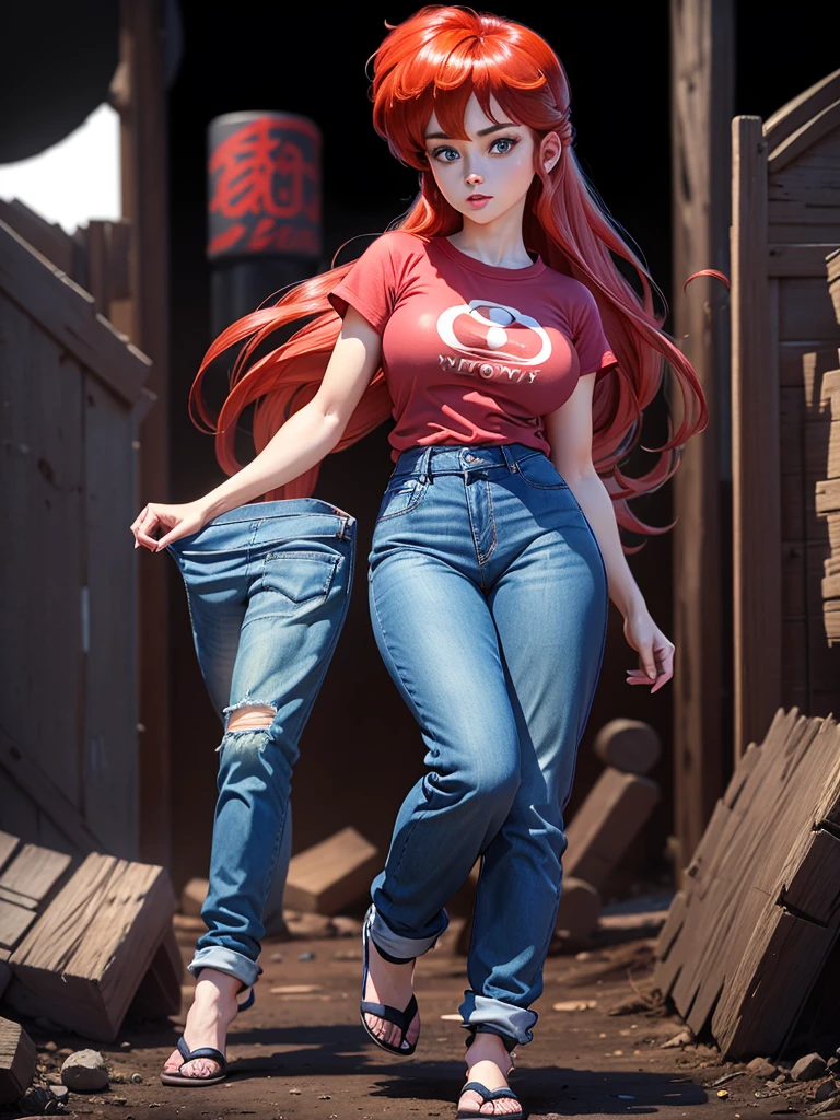 (Ranma)(1solo)(1girl)((Solo)) ((Masterpiece)) ((High Quality)) (slim thick)((Perfect Face)) ((Huge Breasts)) ((Wide Hips)) ((Narrow Waist)) ((Beautiful)) ((Redhead)) ((Long Hair)) ((Light Skin)) ((Cute Nose)) ((BLue Eyes)) ((Young)) ((Transparent Tee Shirt)) ((Jeans))(cameltoe)