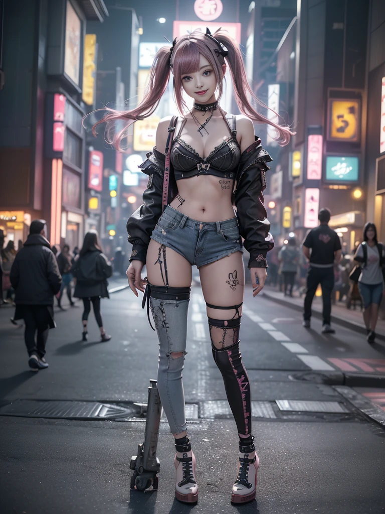 (Full Body View:1.1)、(Side view:1.1)、(Beautiful face:1.3)、(Smiling with teeth showing:1.3),(Shibuya Gal:1.5)、(Beverly Hills Whore:1.4)、(Neo-goth fashion:1.5)、(Punk RockVisual Kei:1.4)、(Modern white and red Barong:1.5)、(Tattered brown and charcoal denim bugle pants:1.5)、(Mustard Yellow Headband:1.3)、(Charcoal and khaki high heels:1.4)、collar、(We sell patterned underwear with logos.:1.4)、20-year-old、Browsing Caution,((Highest quality、In 8K、masterpiece:1.3))、Sharp focus:1.2、(Layered Cut、Huge breasts:1.1),Beautiful woman with perfect figure:1.4、(Doing an aerobics pose:1.3)、Slim Abs:1.2、Butt、Highly detailed face and skin texture、Fine grain、double eyelid,(Twin tails:1.3)、(Pink Hair:1.3)、Obscene、Idol Sculpture、(A luxurious amusement park at night:1.3)、(Slimming your legs:1.4)、(The body is slim:1.3)、(clavicle:1.1)