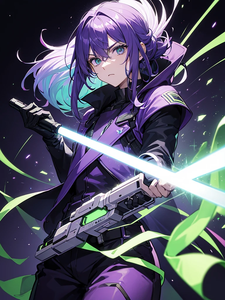 
a man in purple clothing using a lethal neon green firearm with flashes of purple and green lights on a dark background and a determined expression