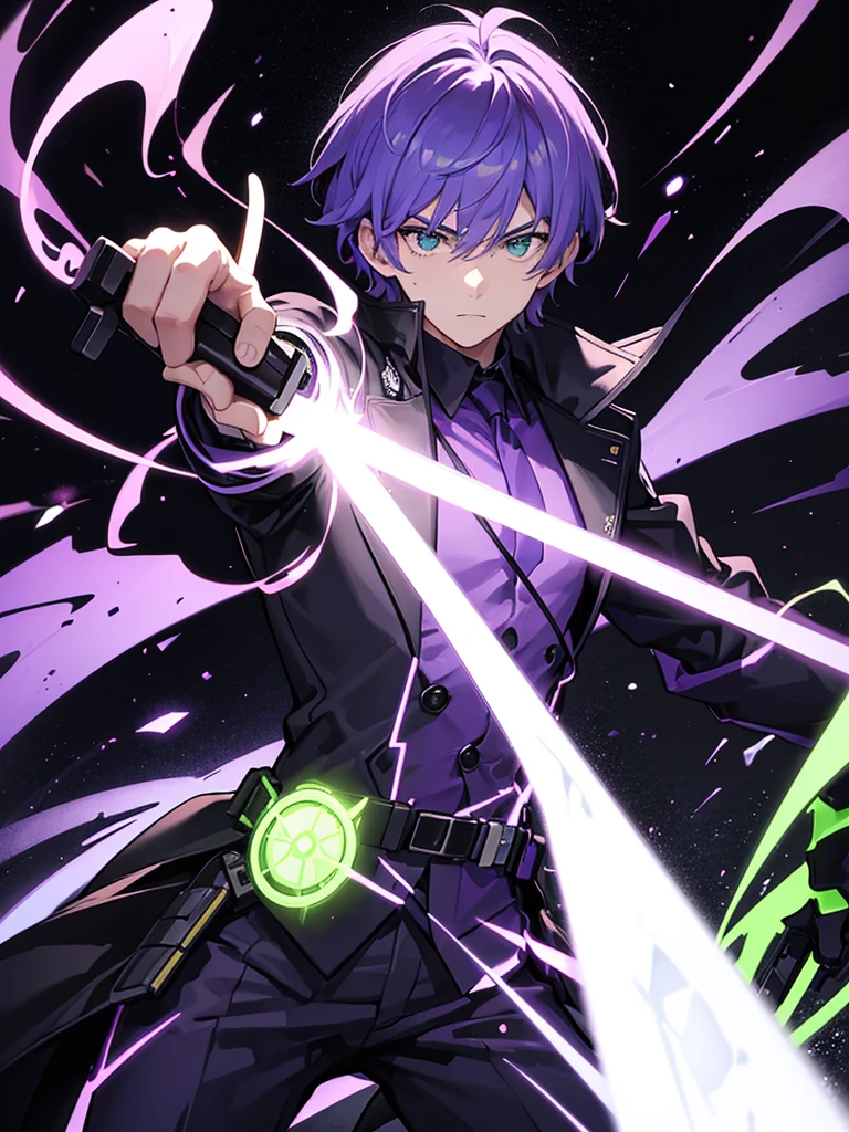 a man in purple clothing using a lethal neon green firearm with flashes of purple and green lights on a dark background and a determined expression