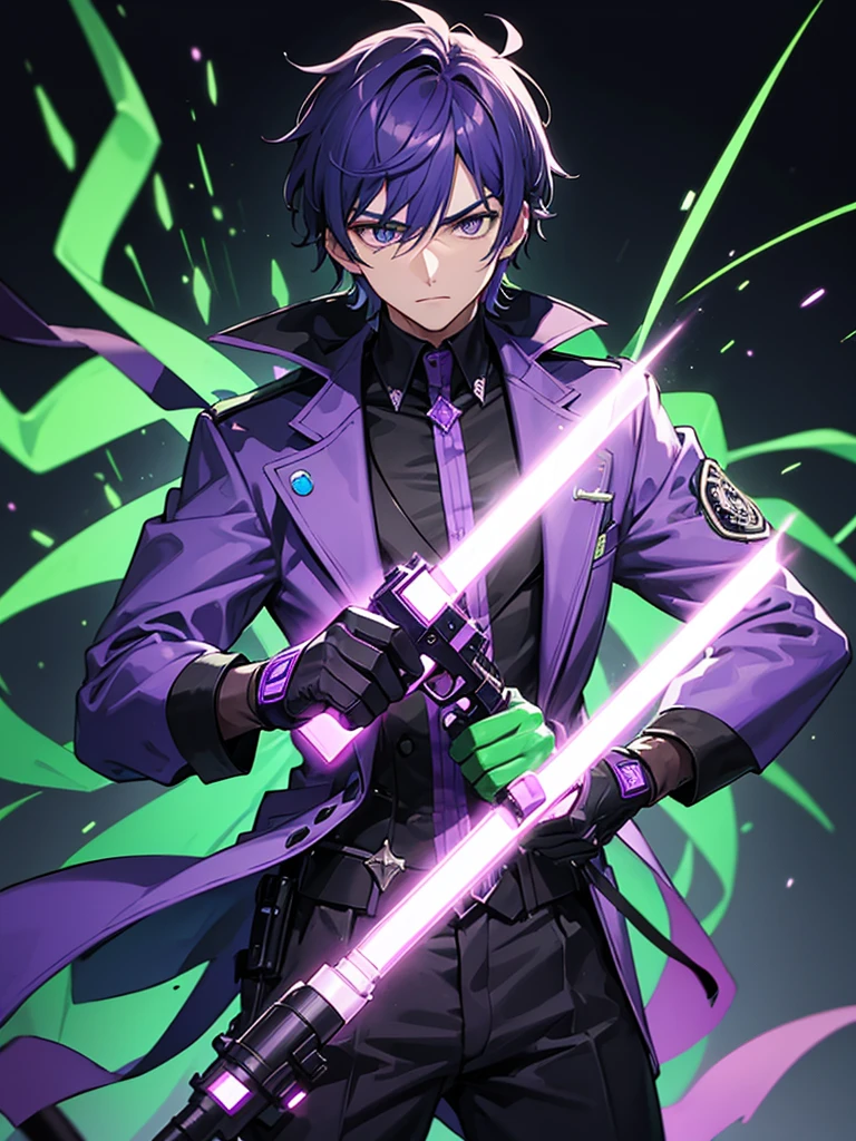a man in purple clothing using a lethal neon green firearm with flashes of purple and green lights on a dark background and a determined expression