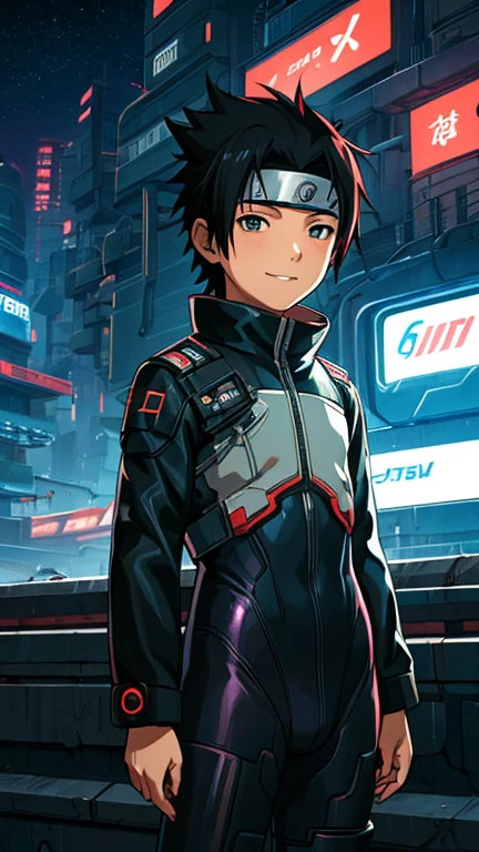 (8k),(masterpiece),(Japanese),(13-year-old boy),((innocent look)),((Childish)),From the front,smile,cute,Innocent,Kind eyes,Flat chest, Uchiha Sasuke wearing cyberpunk bodysuit,Short,Hair blowing in the wind, Black Hair,Strong wind,night,dark, Neon light cyberpunk Konoha Space Station 