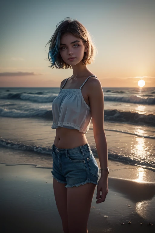 1 girl, short hair with blue highlights, standing alone, blue colored eyes, skin fair, perfectbody, shorts e Top florido, looking at the calm sea, sunset, drlight smile, Hyper-Realism, high resolution