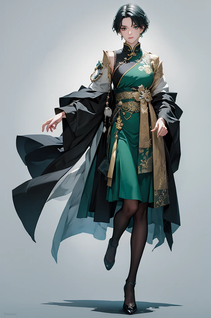 Masterpiece, Best quality, 1 Female, Mature Woman, Elder Sister, Royal Sister, Cold Face, strong, green eyes, wolfcut short hair, smoky color hair, resolute eyes, simple black Taoist Taoist uniform, black accessories, one shoulderancient, Chinese mix morden, wear hair brooches, frontal photo, full body, blank background, remove background