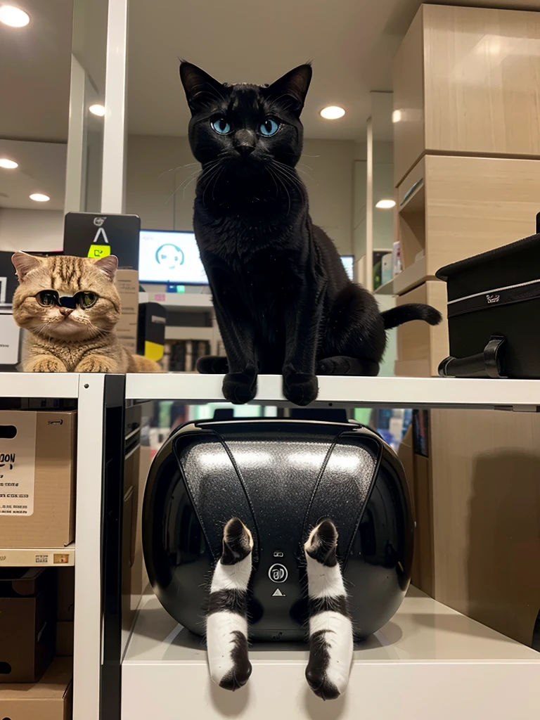 A shiny new ai cat sitting on a store shelf , surrounded by other high-tech gadgets.