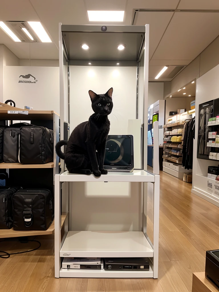 A shiny new ai cat sitting on a store shelf , surrounded by other high-tech gadgets.