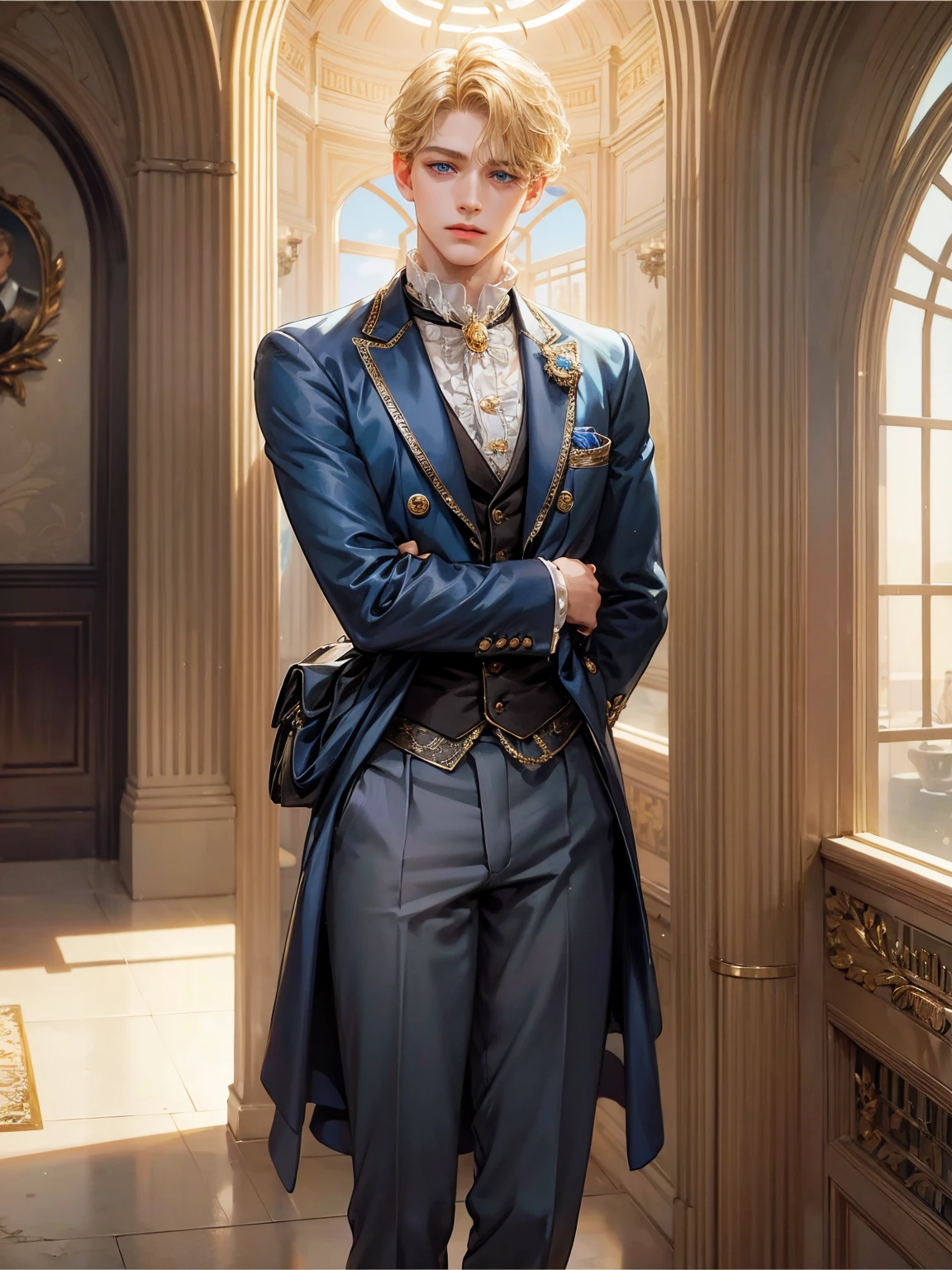 A boy, short blonde hair, wavy hair, sky blue eyes. He wears a victorian-era man's suit. Handsome boy, detailed eyes, detailed face, detailed hands. He looks at the viewer. He has his hands behind his back. Background inside of a hall