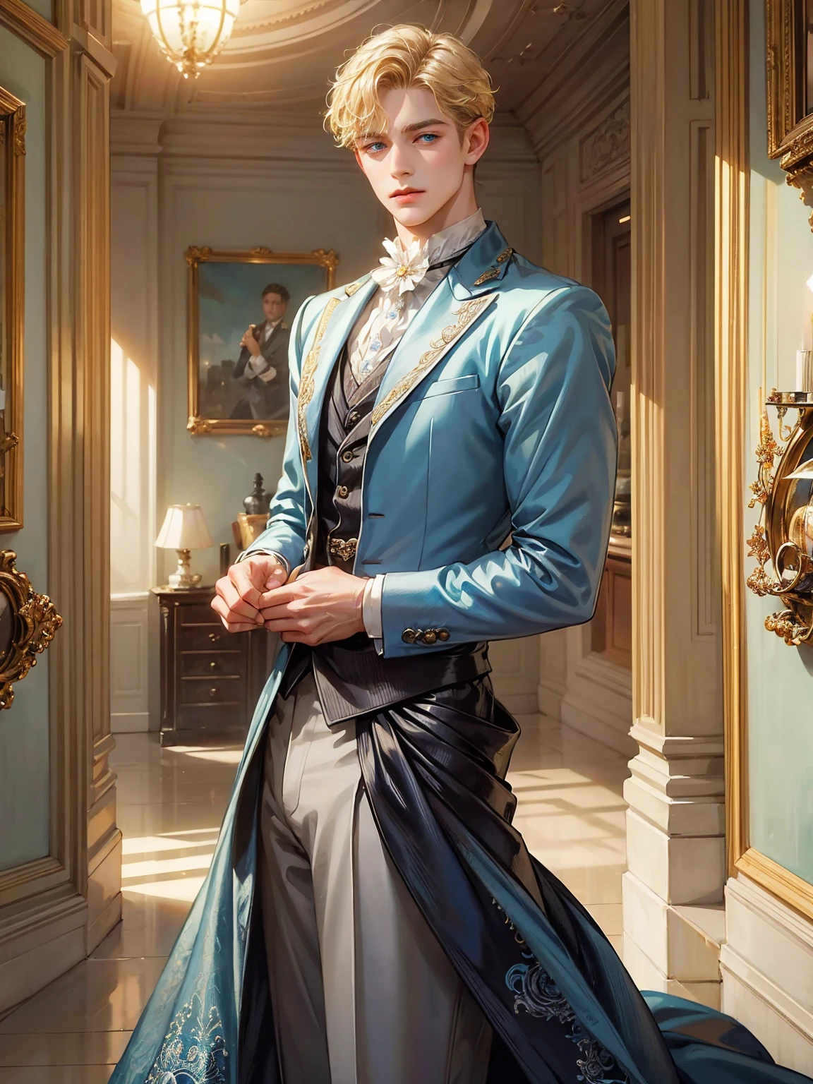 A boy, short blonde hair, wavy hair, sky blue eyes. He wears a victorian-era man's suit. Handsome boy, detailed eyes, detailed face, detailed hands. He looks at the viewer. He has his hands behind his back. Background inside of a hall