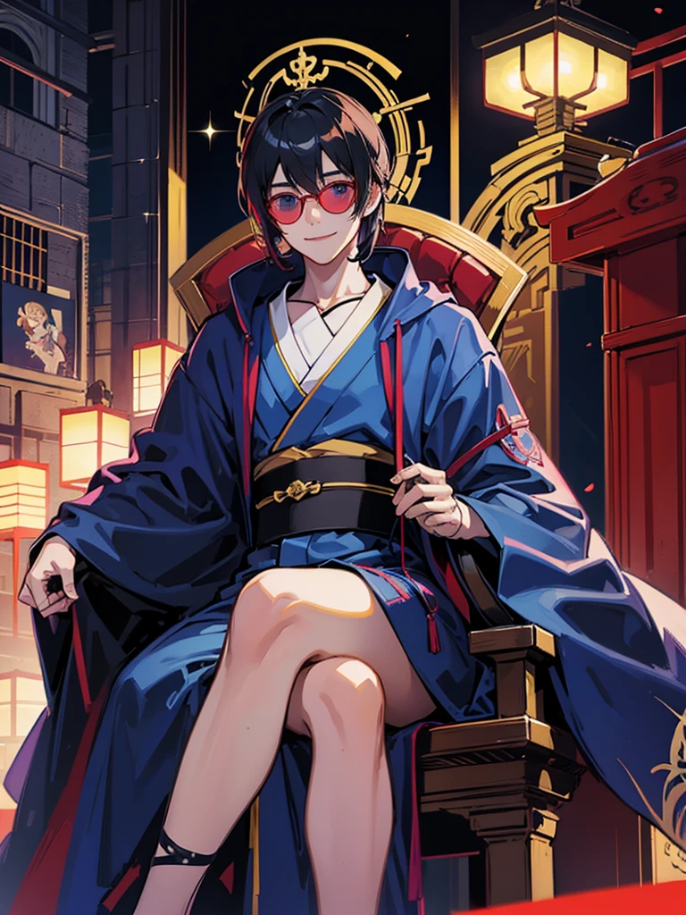 male、dark、front、kimono、cyber punk、sunglasses、smile、One person、Throne、Japanese