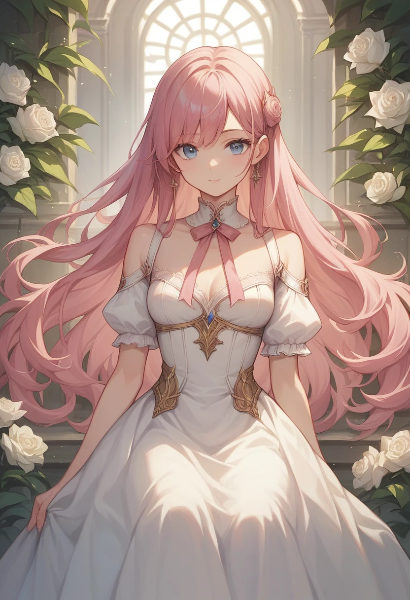 ((Best quality)), ((masterpiece)), (detailed), ((perfect face)), Lilia, One Girl、Pink long hair、blue eyes、A white dress with black lace、large pink ribbon on the chest, I'm happy that it's snowing、A town with a fountain