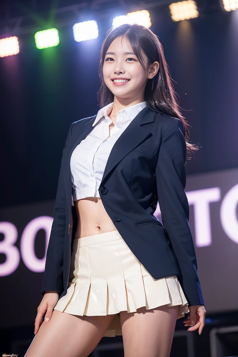 (8k), (highest quality: 1.2), (Realistic), (Realistic: 1.37), Ultra-high resolution, 1 girl, cute, (Embarrassed smile:1.2), (Blushing:1.4)Mouth closed, Beautiful details, Beautiful Nose, Wet Hair, Giant Dulcefo, pork, Thighs,Navel exposed,University Student Uniform,A simple blazer,Pleated skirt,Platform boots,Dancing on the school stage,(Shiny Thighs:1.2),Medium Shot,Thick thighs,Super Low Angle