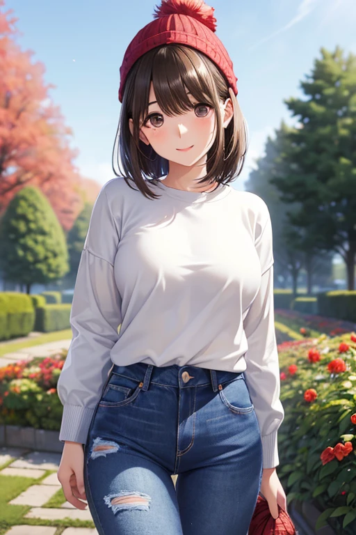 anegasaki nene、Shiny brown hair, short hair, Beautiful brown eyes、smile、Sparkling eyes, (Fine grain)、Ultra-detailed目、Highly detailed face, Highly detailed eyes,


Highest quality、Masseter muscle area、Ultra-detailed、8ｋ、solo、Portrait:1.3、Cowboy Shot、Perfect Anatomy、


One Girl、short hair、(((knit hat、knit、Old Denim)))、、Slightly larger breasts、Natural look、Red lips、You have both hands in your pockets、(((garden、Blue sky、Maple tree of red color、garden)))、(((Blurred Background:1.5、Blurry and invisible background))