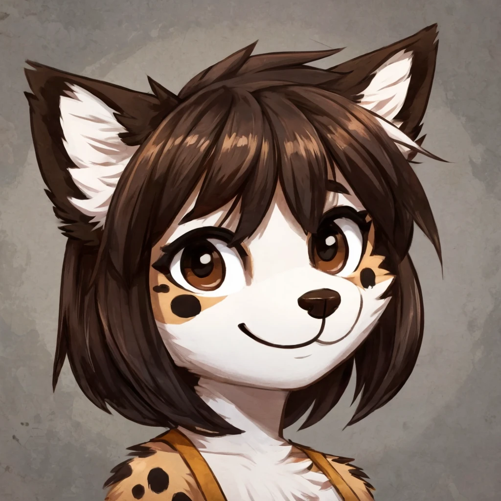 headshot of a cute anthropomorphic, black spots and white fur female dog, she has dark brown hair, closed smile, chibi style, high quality furry art.
