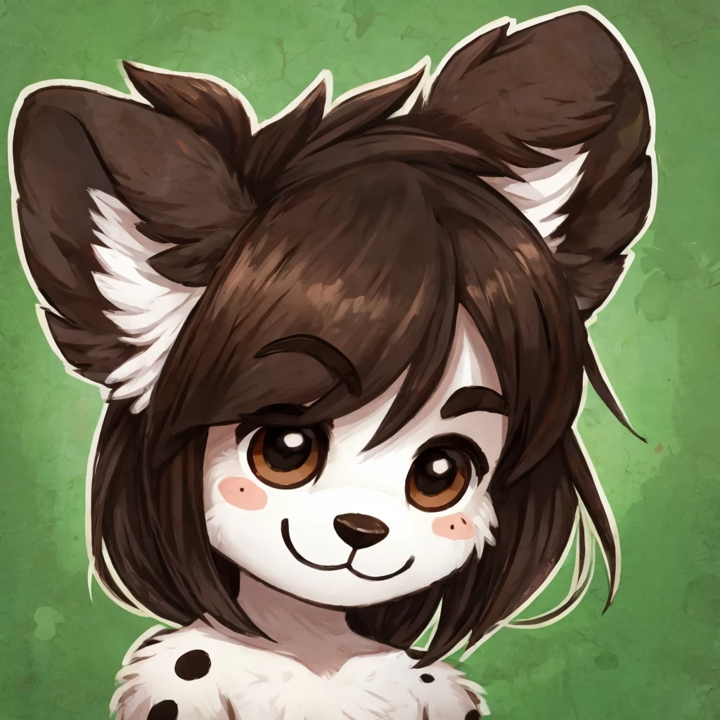 headshot of a cute anthropomorphic, black spots and white fur female dog, she has dark brown hair, closed smile, chibi style, high quality furry art.