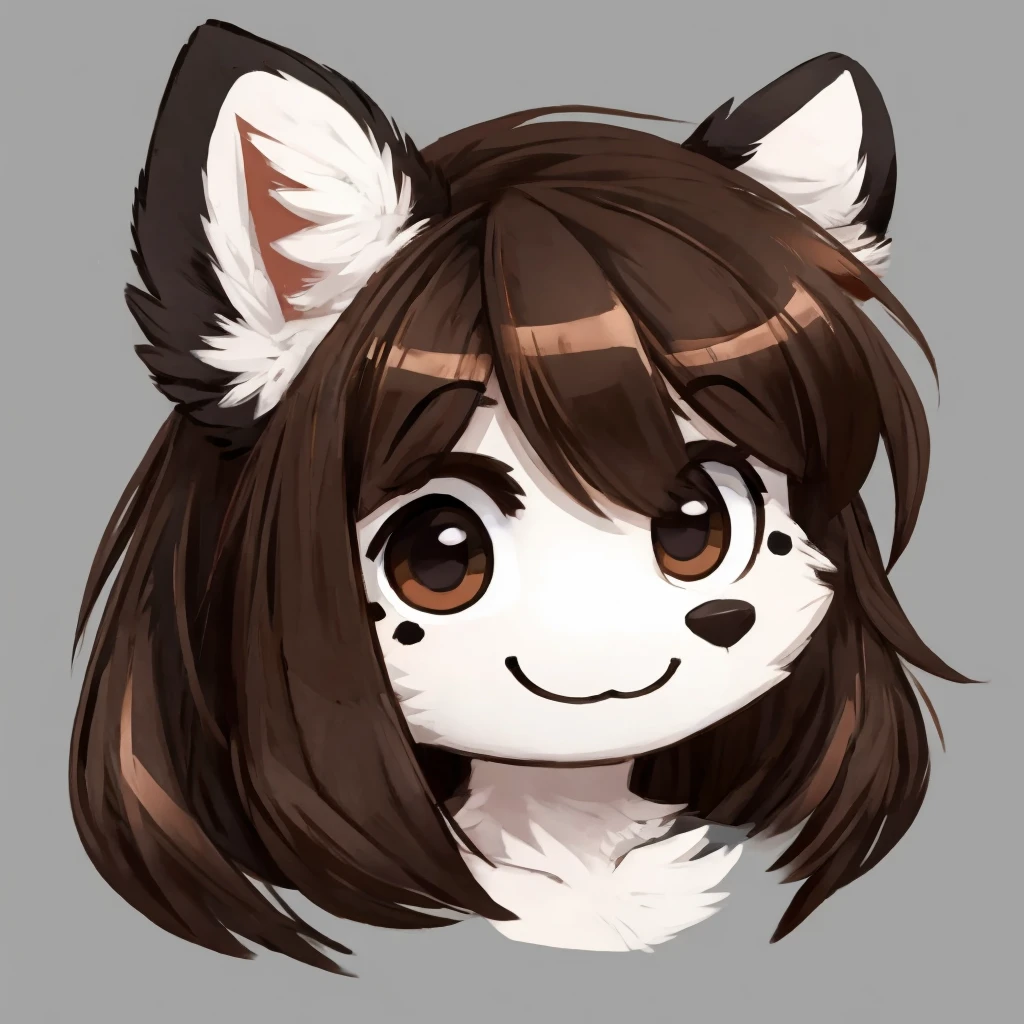headshot of a cute anthropomorphic, black spots and white fur female dog, she has dark brown hair, closed smile, chibi style, high quality furry art.