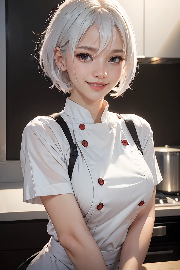 alice, anime art style, 1girl, solo, breasts, looking_at_viewer, smile, short_hair, open_mouth, large_breasts, red_eyes, hair_between_eyes, upper_body, white_hair, :d, blurry, chef